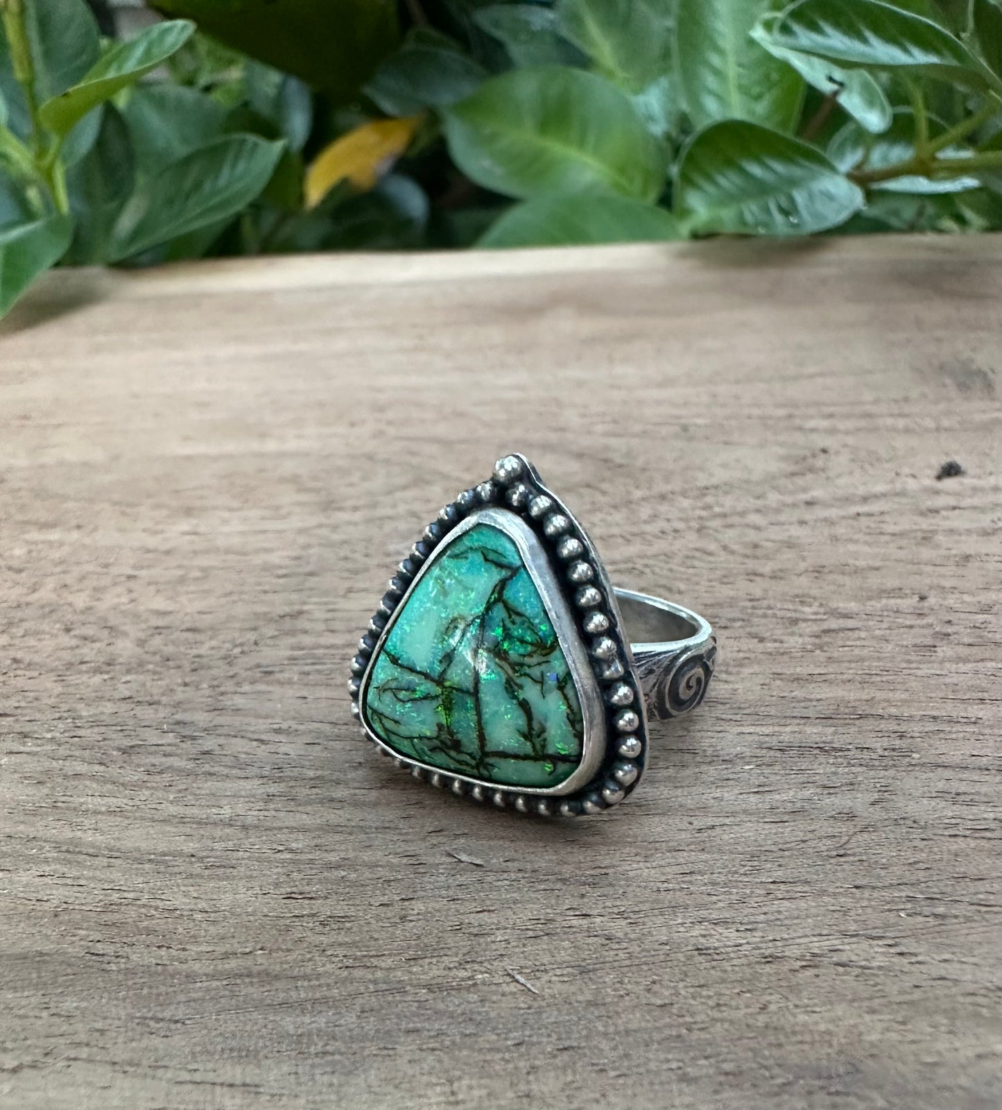 Green Dragon Eye~Synthetic Opal and Sterling Silver Ring