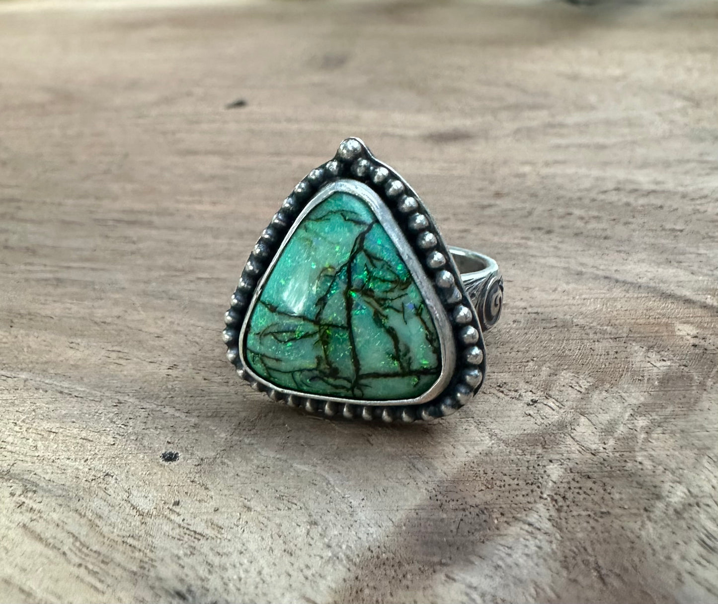 Green Dragon Eye~Synthetic Opal and Sterling Silver Ring