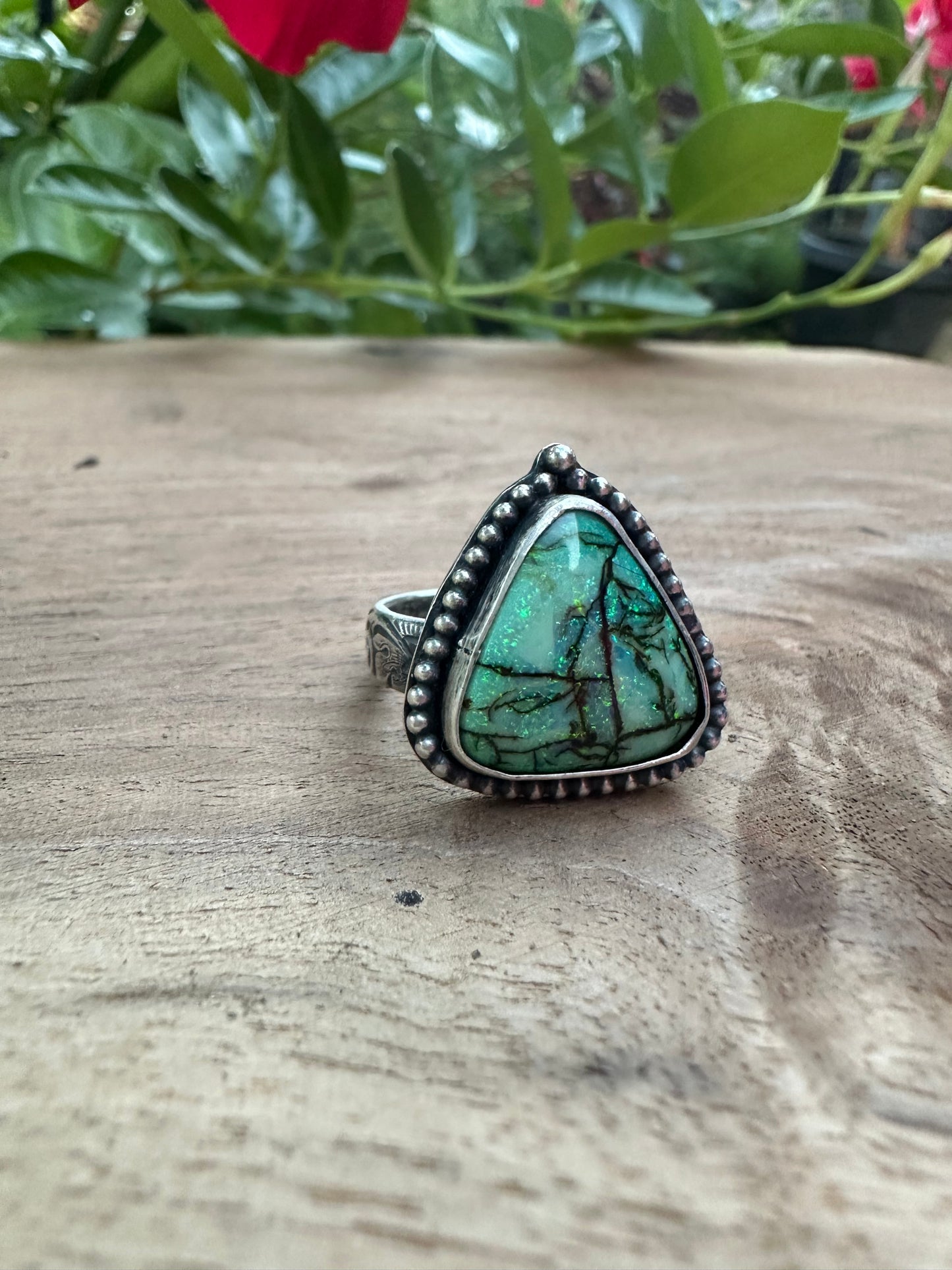 Green Dragon Eye~Synthetic Opal and Sterling Silver Ring
