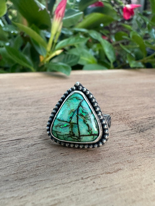 Green Dragon Eye~Synthetic Opal and Sterling Silver Ring